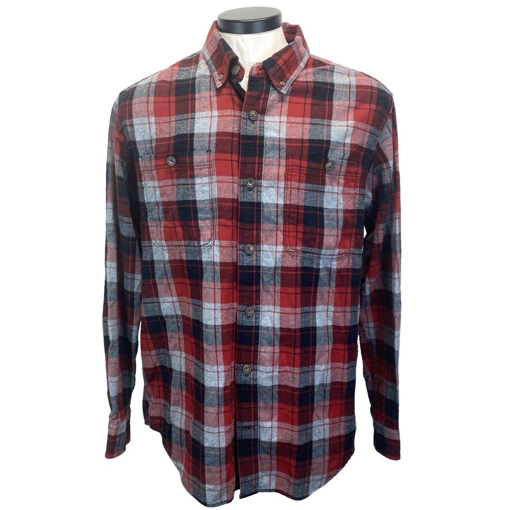 Duluth Trading Flannel Shirt Men Large 17.x36 Red/Gray/Black Plaid Trim Fit